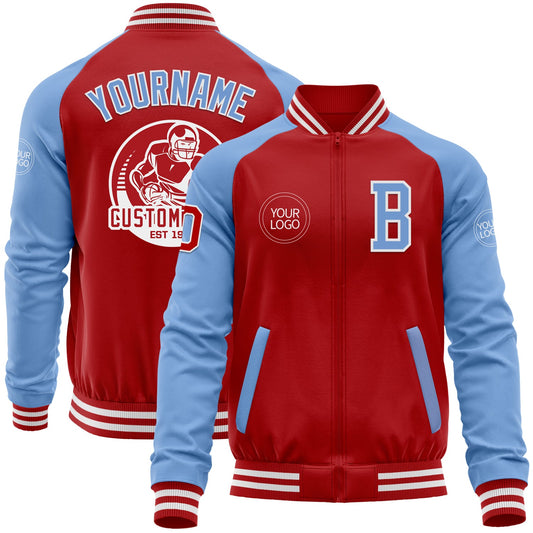 Custom Red Light Blue-White Bomber Varsity Letterman Two Tone Zipper Jacket - Main View