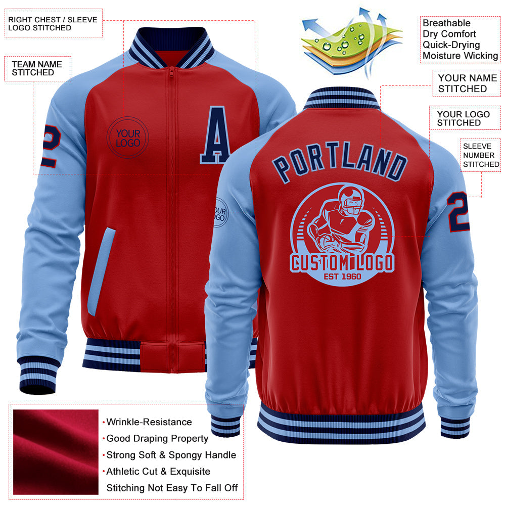 Custom Red Navy-Light Blue Bomber Varsity Letterman Two Tone Zipper Jacket view 4
