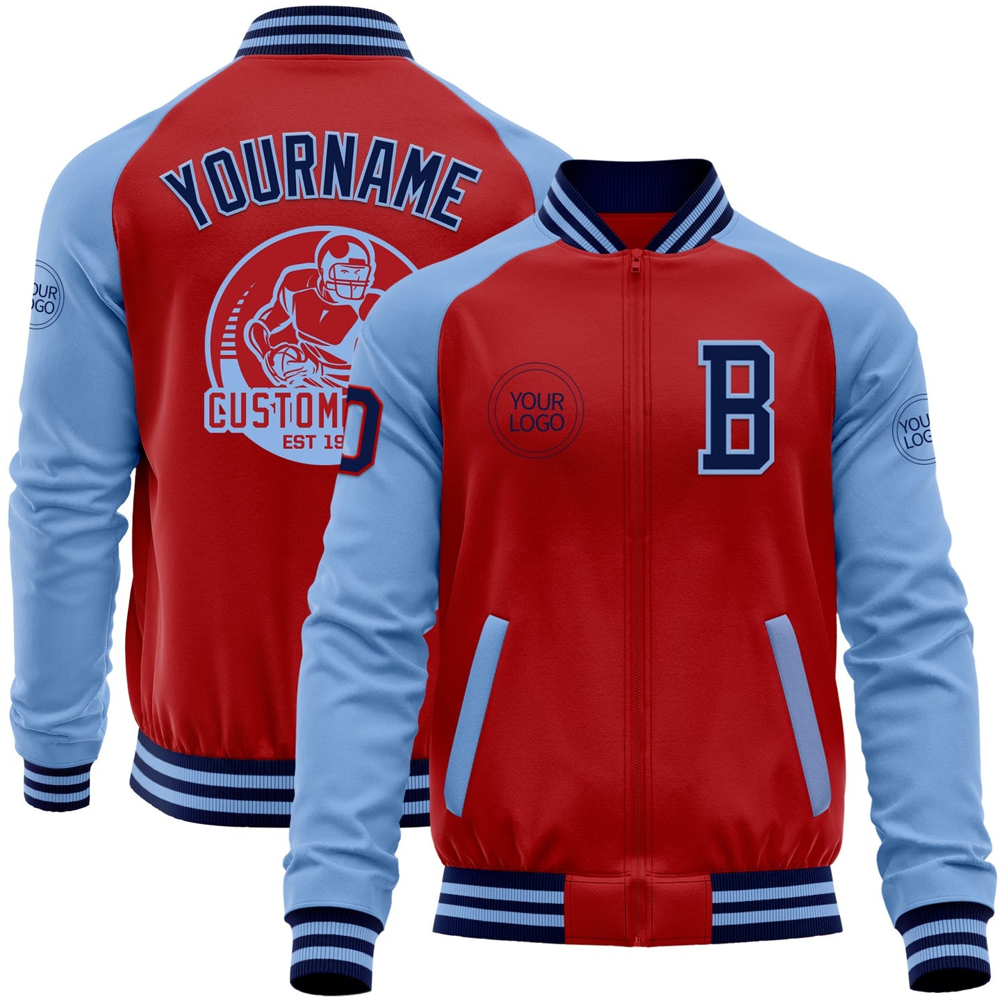 Custom Red Navy-Light Blue Bomber Varsity Letterman Two Tone Zipper Jacket - Main View