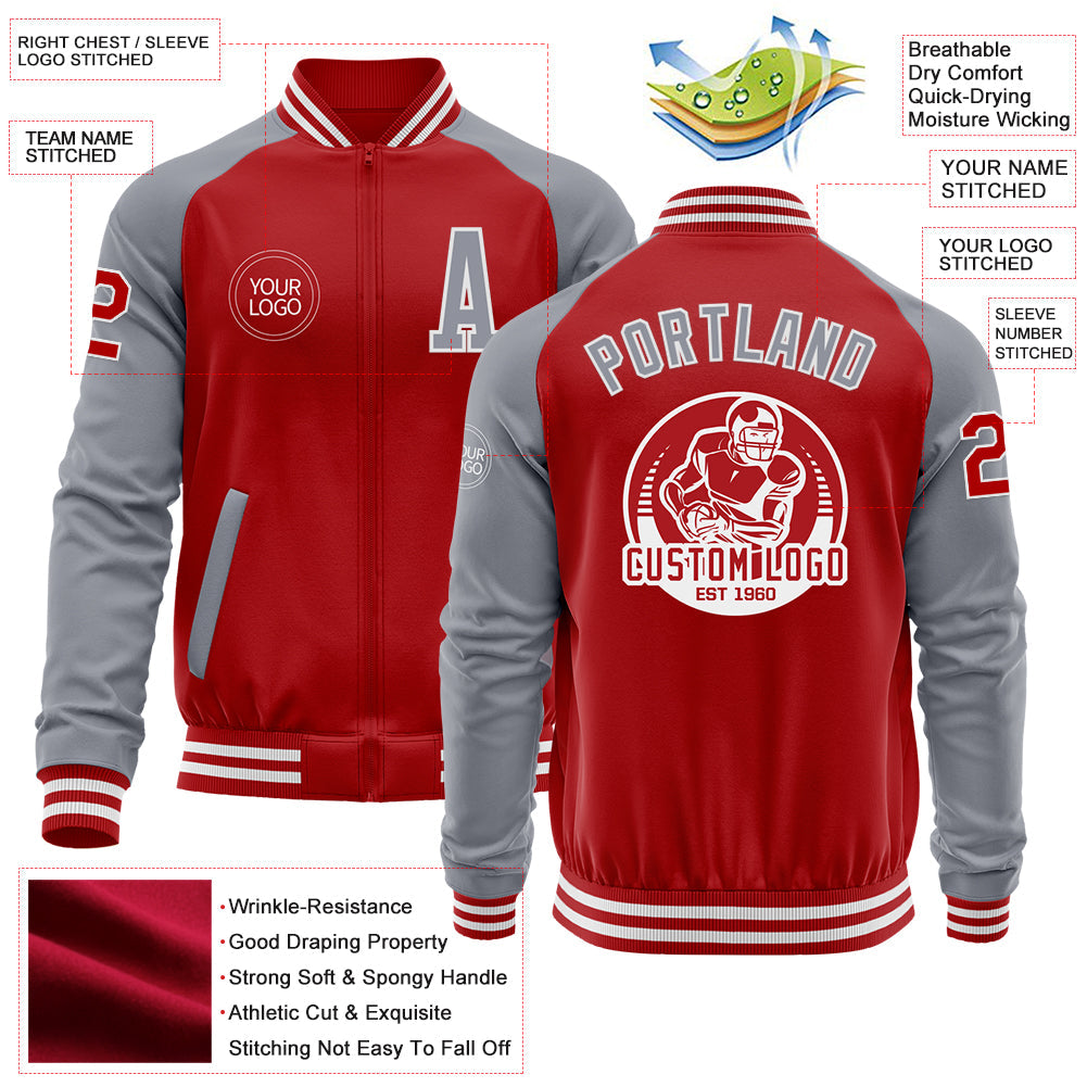 Custom Red Gray-White Bomber Varsity Letterman Two Tone Zipper Jacket view 4