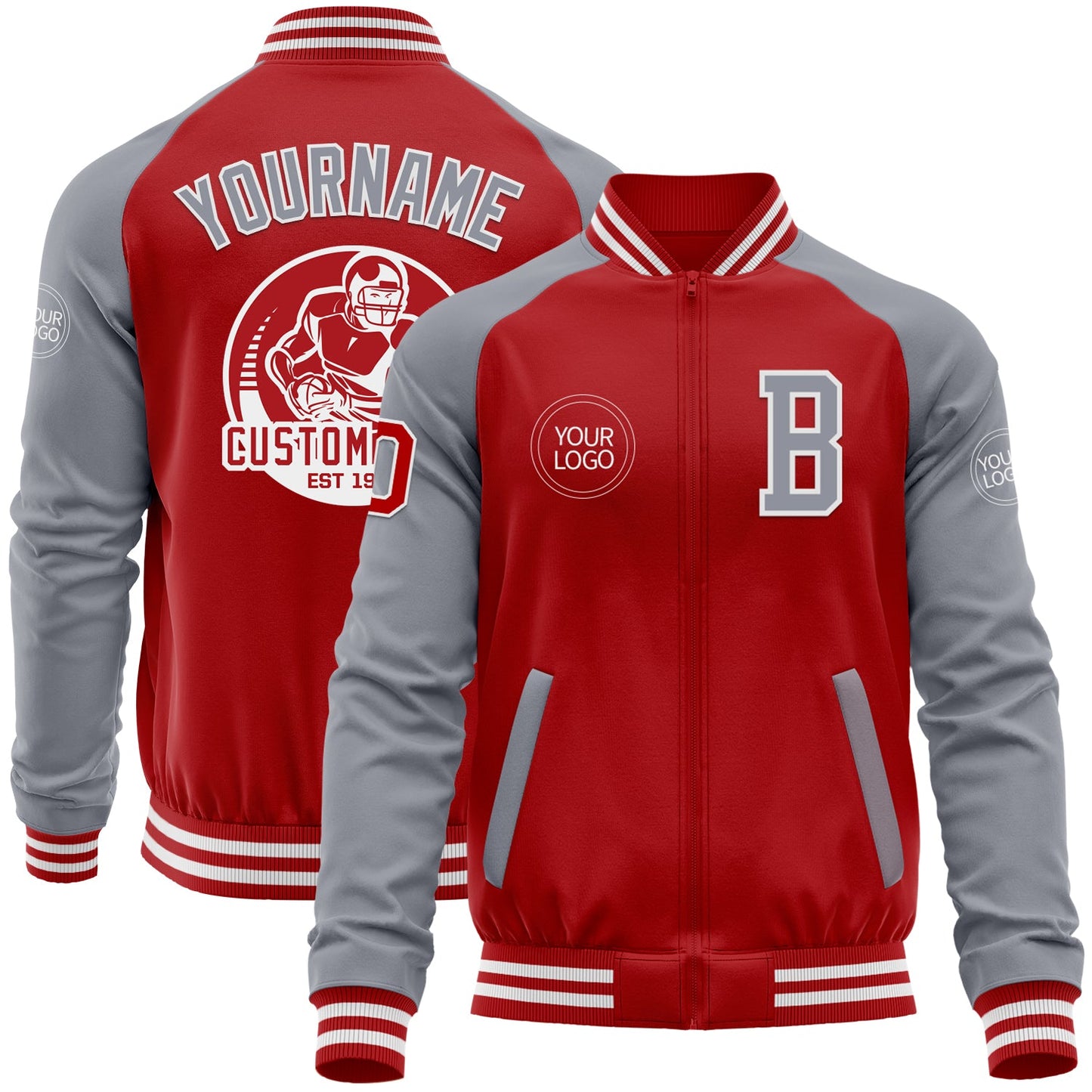 Custom Red Gray-White Bomber Varsity Letterman Two Tone Zipper Jacket - Main View