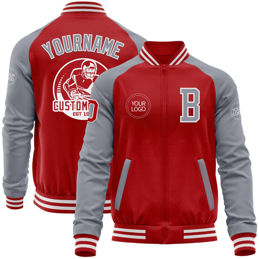 Custom Red Gray-White Bomber Varsity Letterman Two Tone Zipper Jacket - Main View