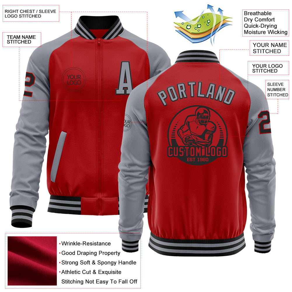 Custom Red Gray-Black Bomber Varsity Letterman Two Tone Zipper Jacket view 4