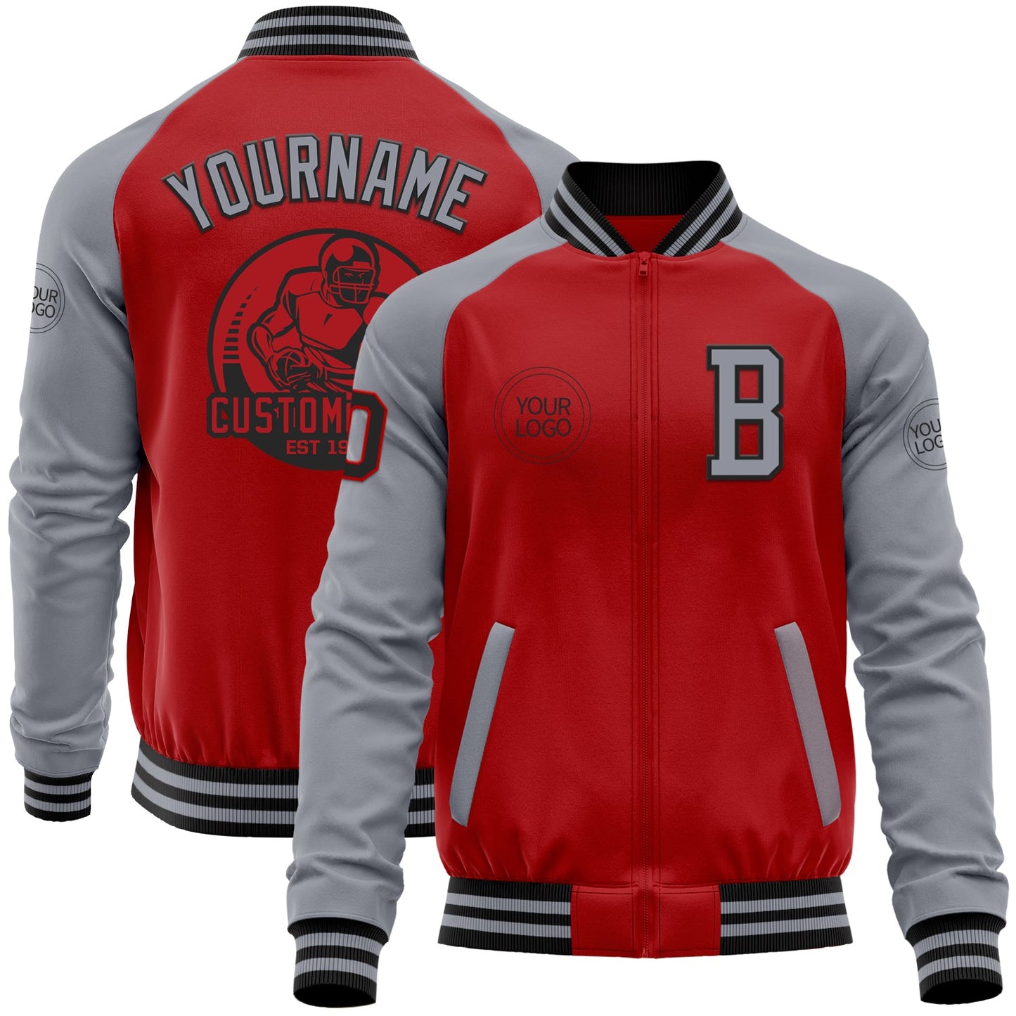 Custom Red Gray-Black Bomber Varsity Letterman Two Tone Zipper Jacket - Main View