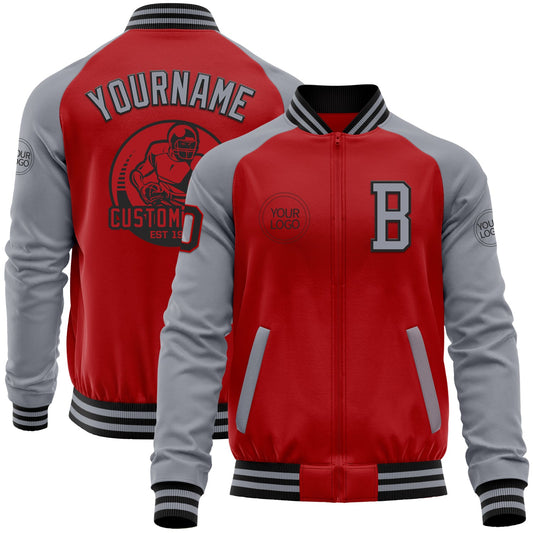 Custom Red Gray-Black Bomber Varsity Letterman Two Tone Zipper Jacket - Main View