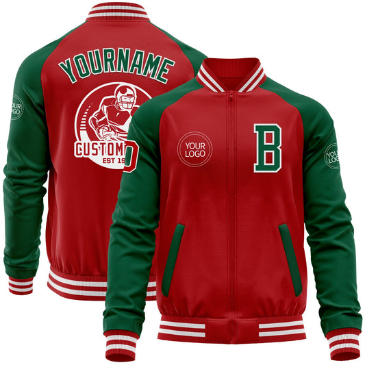 Custom Red Kelly Green-White Bomber Varsity Letterman Two Tone Zipper Jacket - Main View
