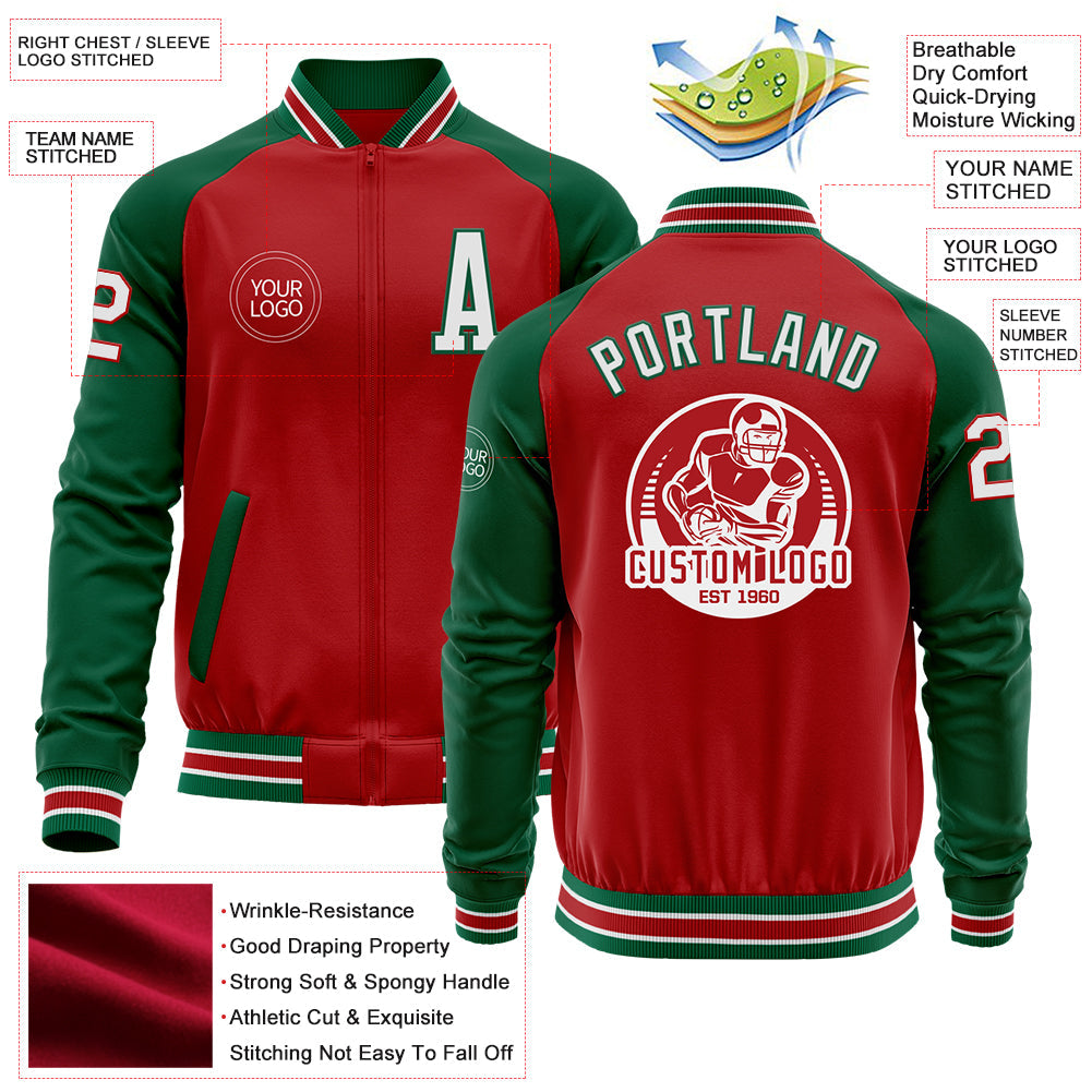 Custom Red White-Kelly Green Bomber Varsity Letterman Two Tone Zipper Jacket view 4