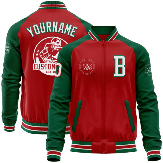Custom Red White-Kelly Green Bomber Varsity Letterman Two Tone Zipper Jacket - Main View