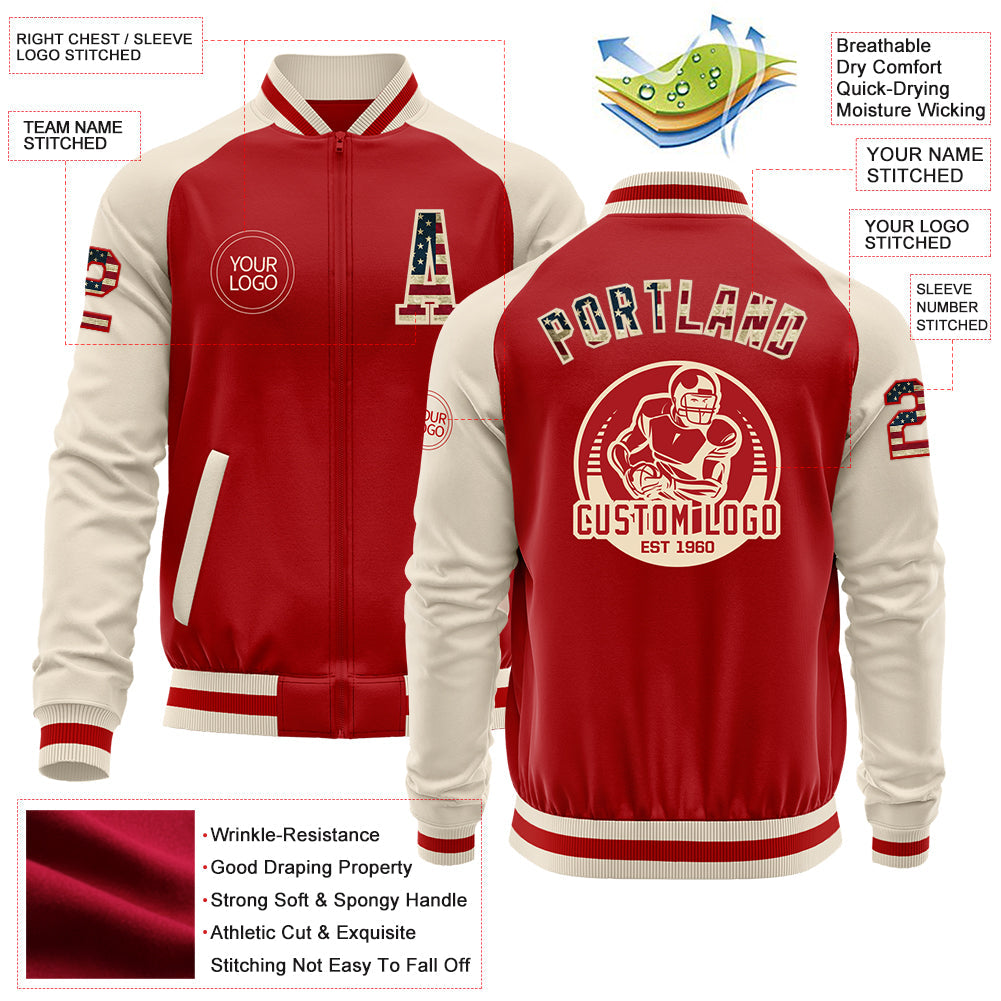 Custom Red Vintage USA Flag-Cream Bomber Varsity Letterman Two Tone Zipper Jacket view 4