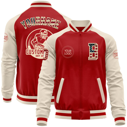 Custom Red Vintage USA Flag-Cream Bomber Varsity Letterman Two Tone Zipper Jacket - Main View