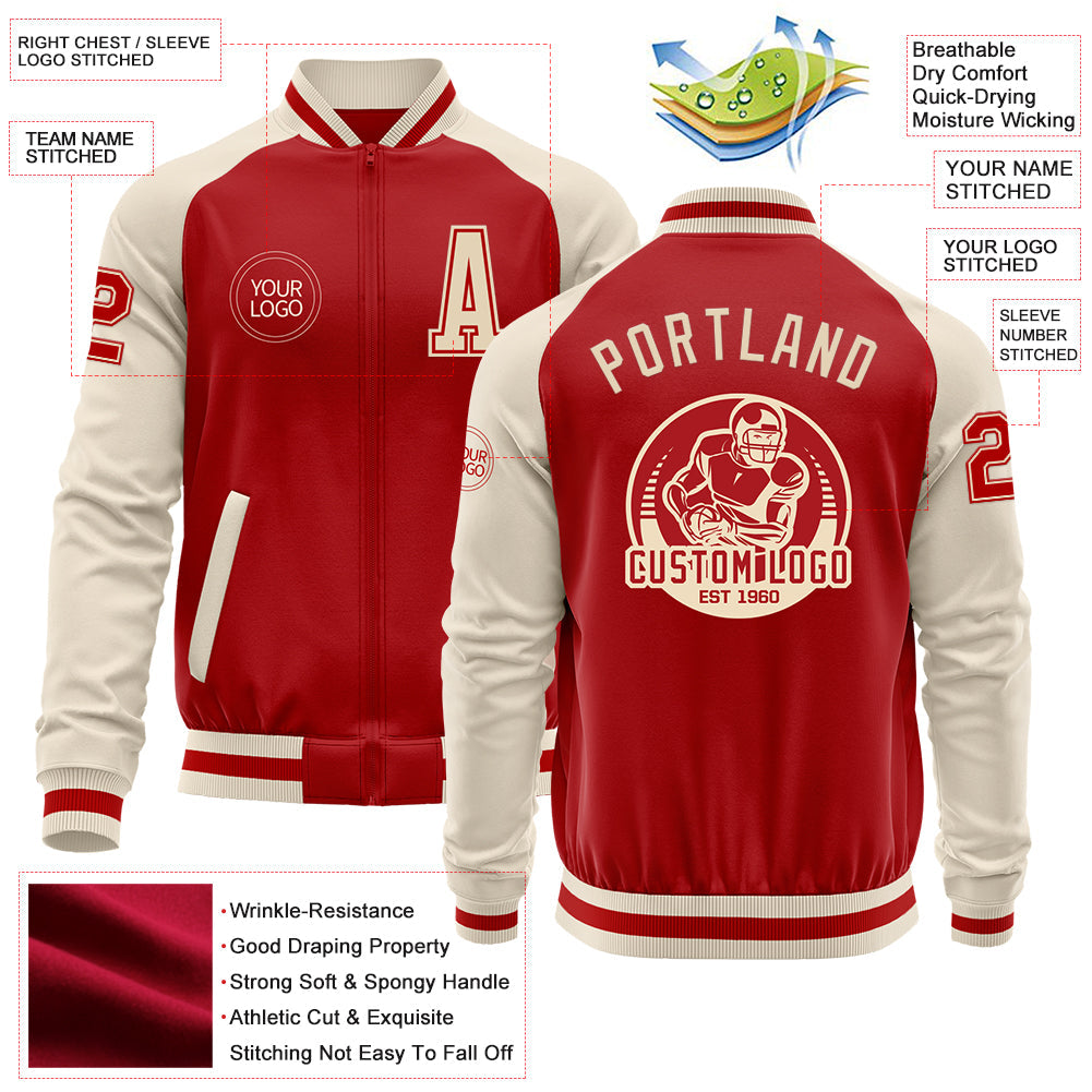 Custom Red Cream Bomber Varsity Letterman Two Tone Zipper Jacket view 4