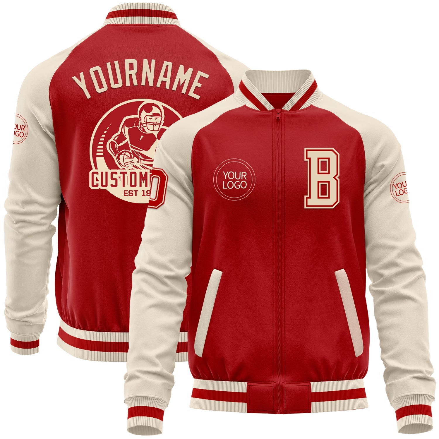 Custom Red Cream Bomber Varsity Letterman Two Tone Zipper Jacket - Main View