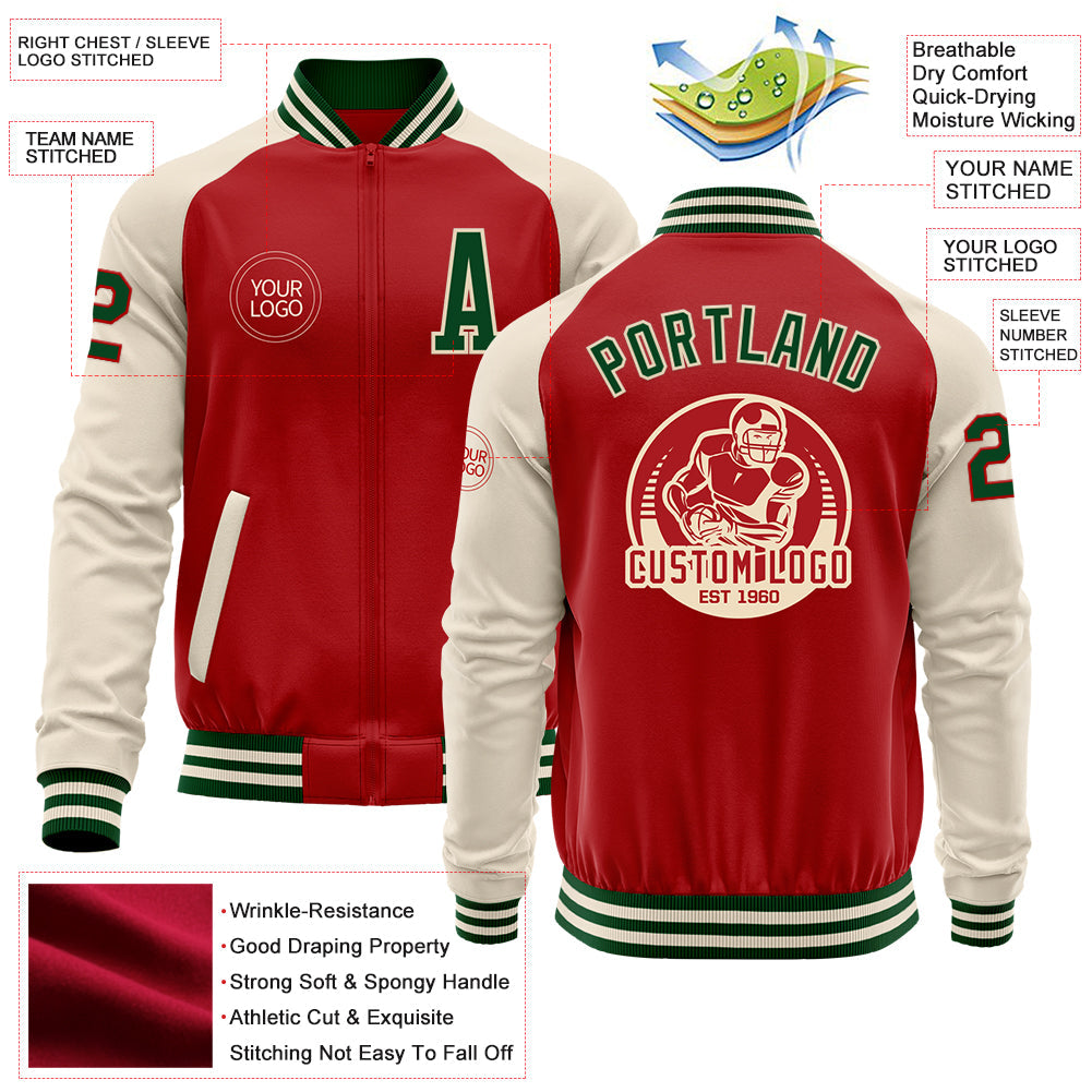 Custom Red Green-Cream Bomber Varsity Letterman Two Tone Zipper Jacket view 4