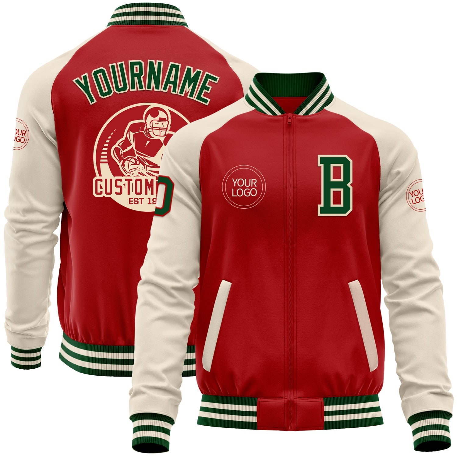 Custom Red Green-Cream Bomber Varsity Letterman Two Tone Zipper Jacket - Main View