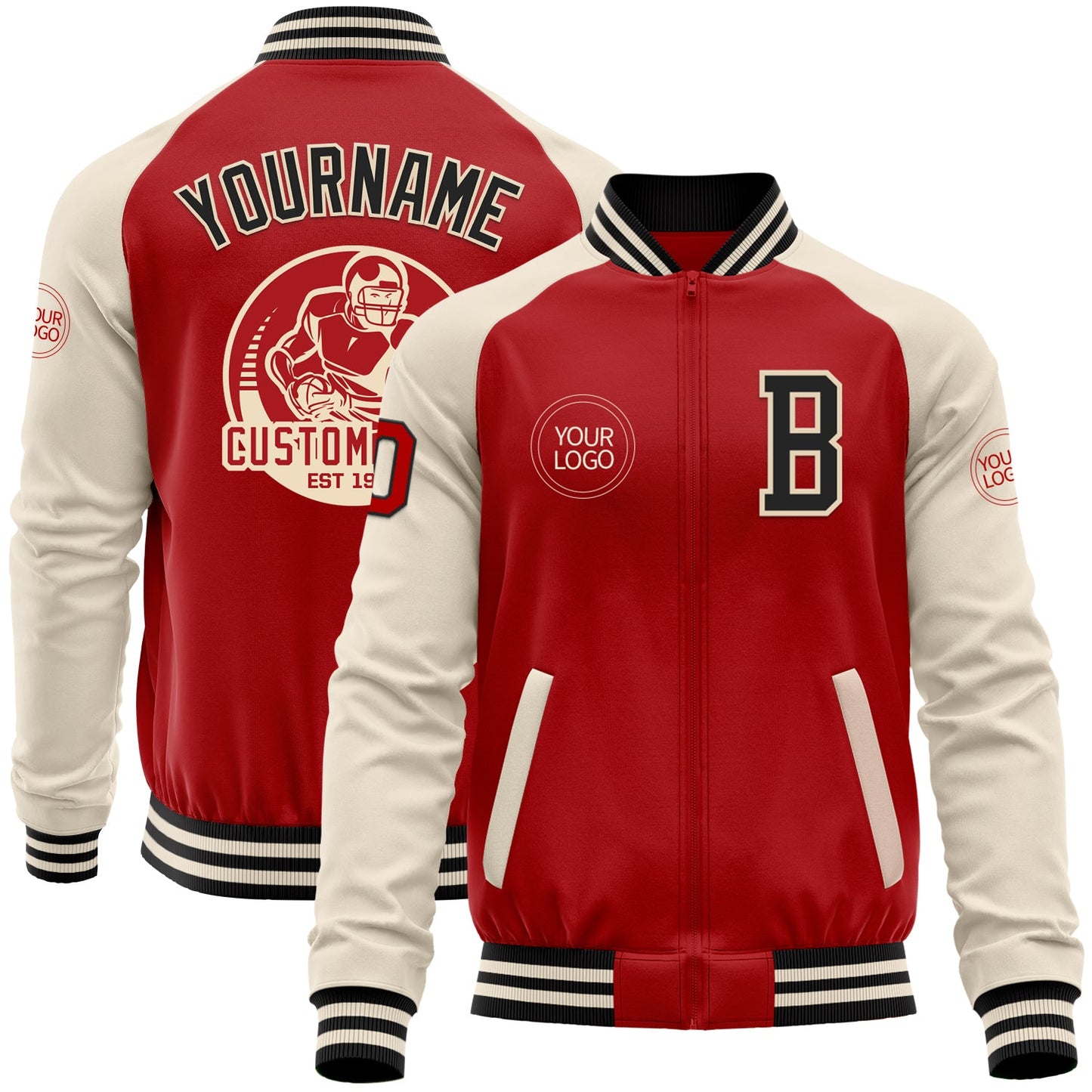 Custom Red Black-Cream Bomber Varsity Letterman Two Tone Zipper Jacket - Main View