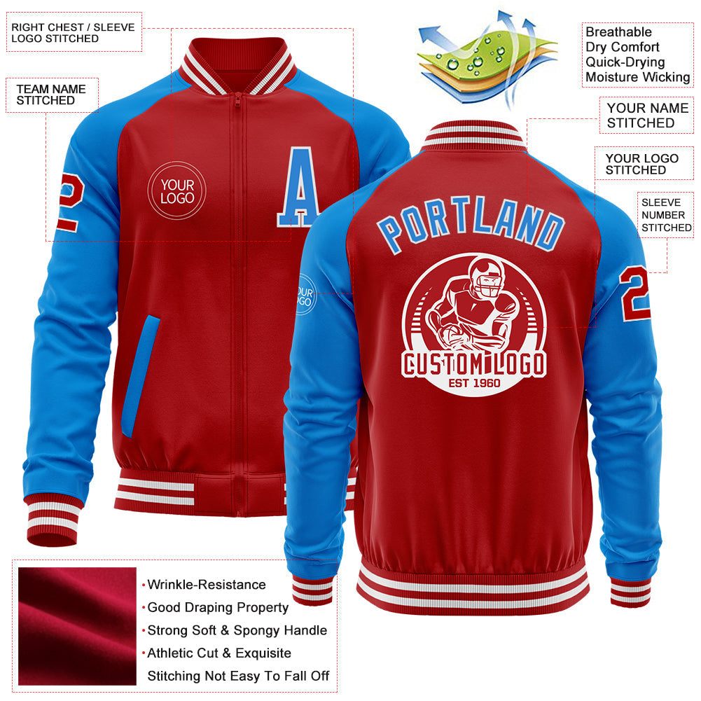 Custom Red Powder Blue-White Bomber Varsity Letterman Two Tone Zipper Jacket view 4
