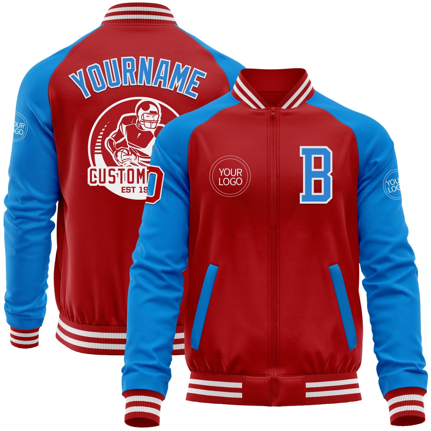 Custom Red Powder Blue-White Bomber Varsity Letterman Two Tone Zipper Jacket - Main View