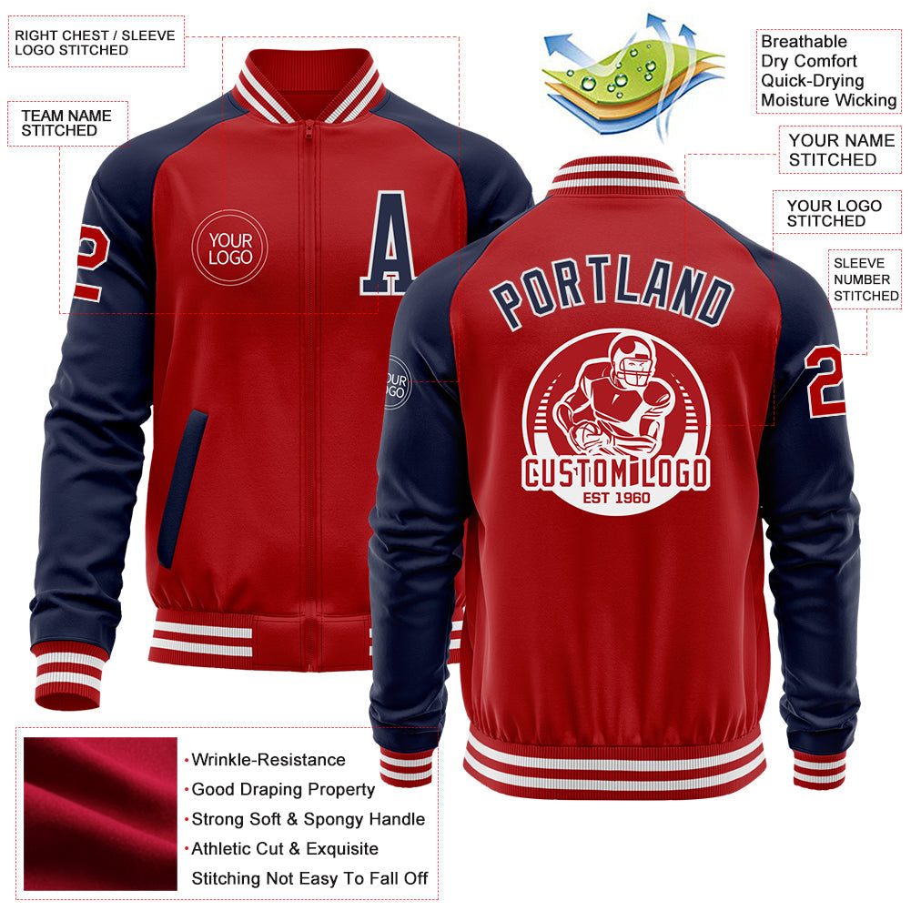 Custom Red Navy-White Bomber Varsity Letterman Two Tone Zipper Jacket view 4
