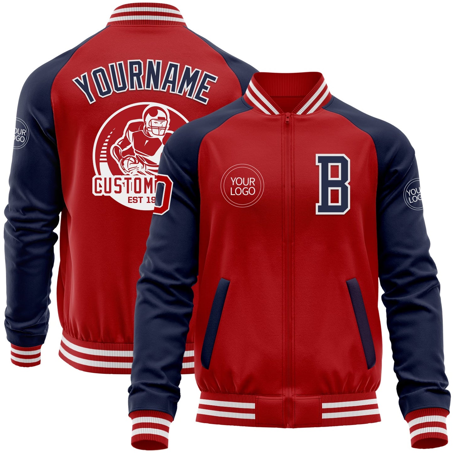Custom Red Navy-White Bomber Varsity Letterman Two Tone Zipper Jacket - Main View