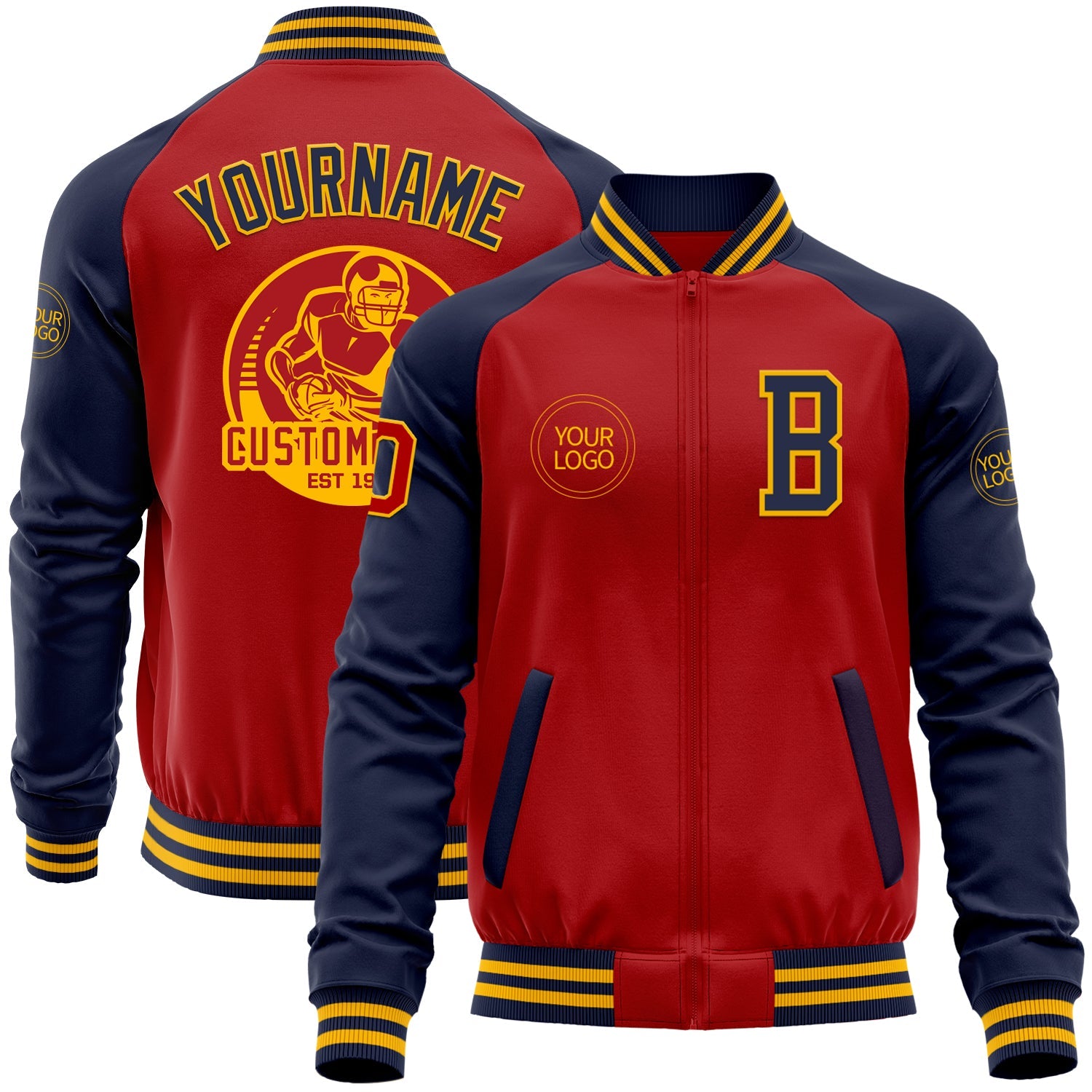 Custom Red Navy-Gold Bomber Varsity Letterman Two Tone Zipper Jacket - Main View