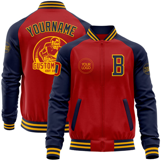 Custom Red Navy-Gold Bomber Varsity Letterman Two Tone Zipper Jacket - Main View