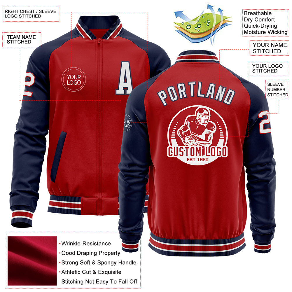 Custom Red White-Navy Bomber Varsity Letterman Two Tone Zipper Jacket view 4