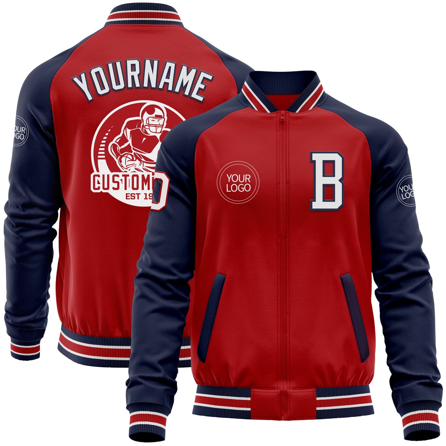 Custom Red White-Navy Bomber Varsity Letterman Two Tone Zipper Jacket - Main View