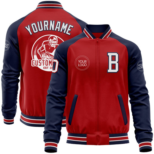 Custom Red White-Navy Bomber Varsity Letterman Two Tone Zipper Jacket - Main View