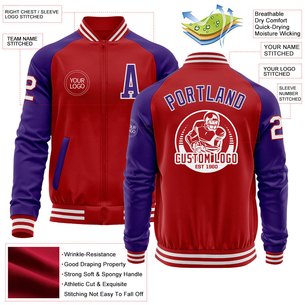 Custom Red Purple-White Bomber Varsity Letterman Two Tone Zipper Jacket view 4