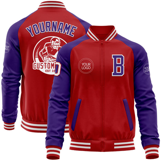Custom Red Purple-White Bomber Varsity Letterman Two Tone Zipper Jacket - Main View