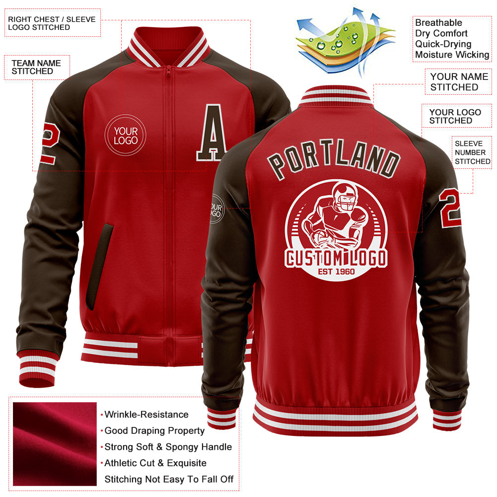 Custom Red Brown-White Bomber Varsity Letterman Two Tone Zipper Jacket view 4