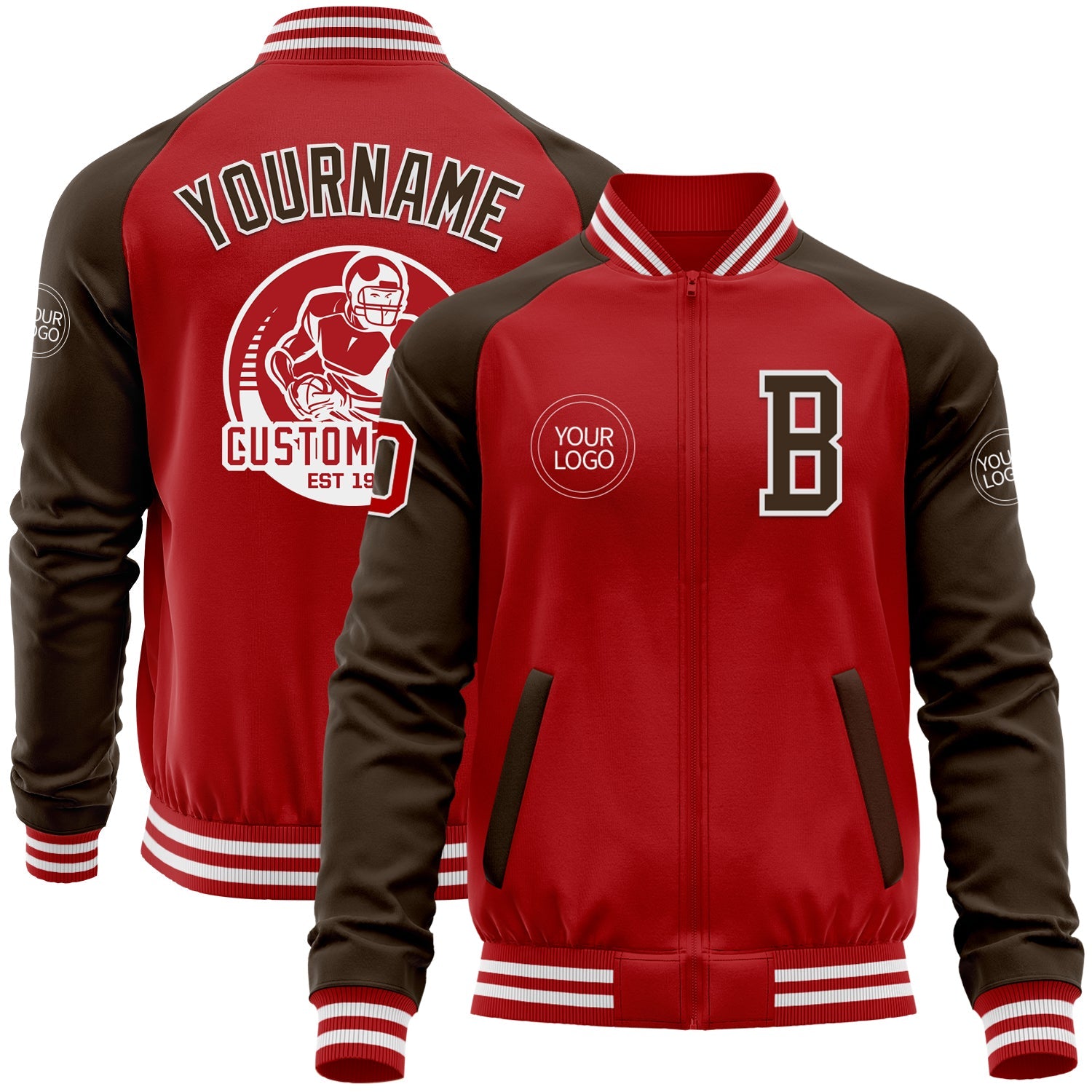 Custom Red Brown-White Bomber Varsity Letterman Two Tone Zipper Jacket - Main View