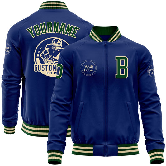 Custom Royal Green-Cream Bomber Varsity Letterman Zipper Jacket - Main View