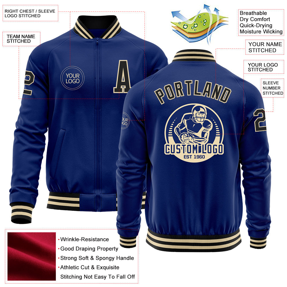 Custom Royal Black-Cream Bomber Varsity Letterman Zipper Jacket view 4