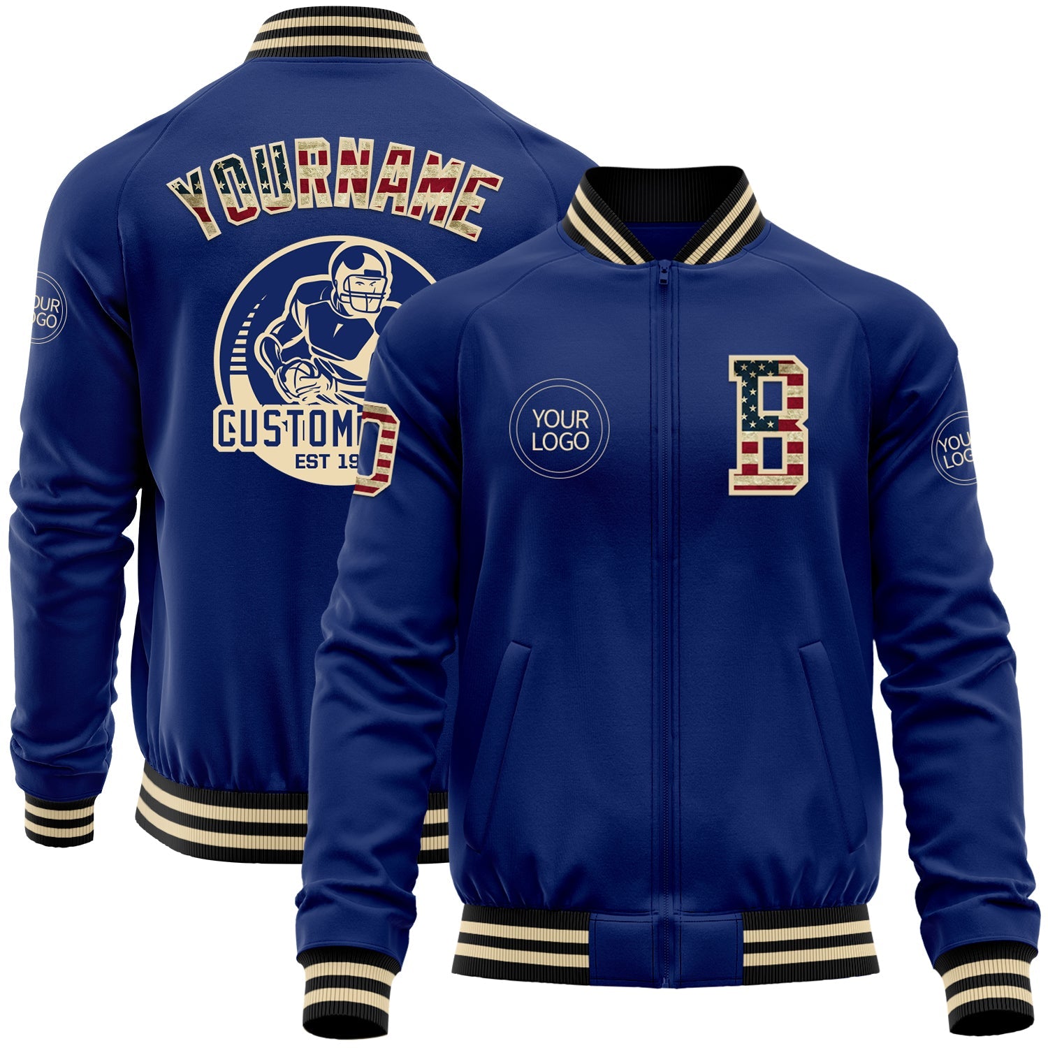 Custom Royal Vintage USA Flag Cream-Black Bomber Varsity Letterman Zipper Jacket - Main View