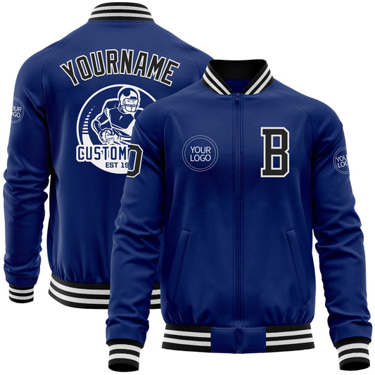 Custom Royal Black-White Bomber Varsity Letterman Zipper Jacket - Main View