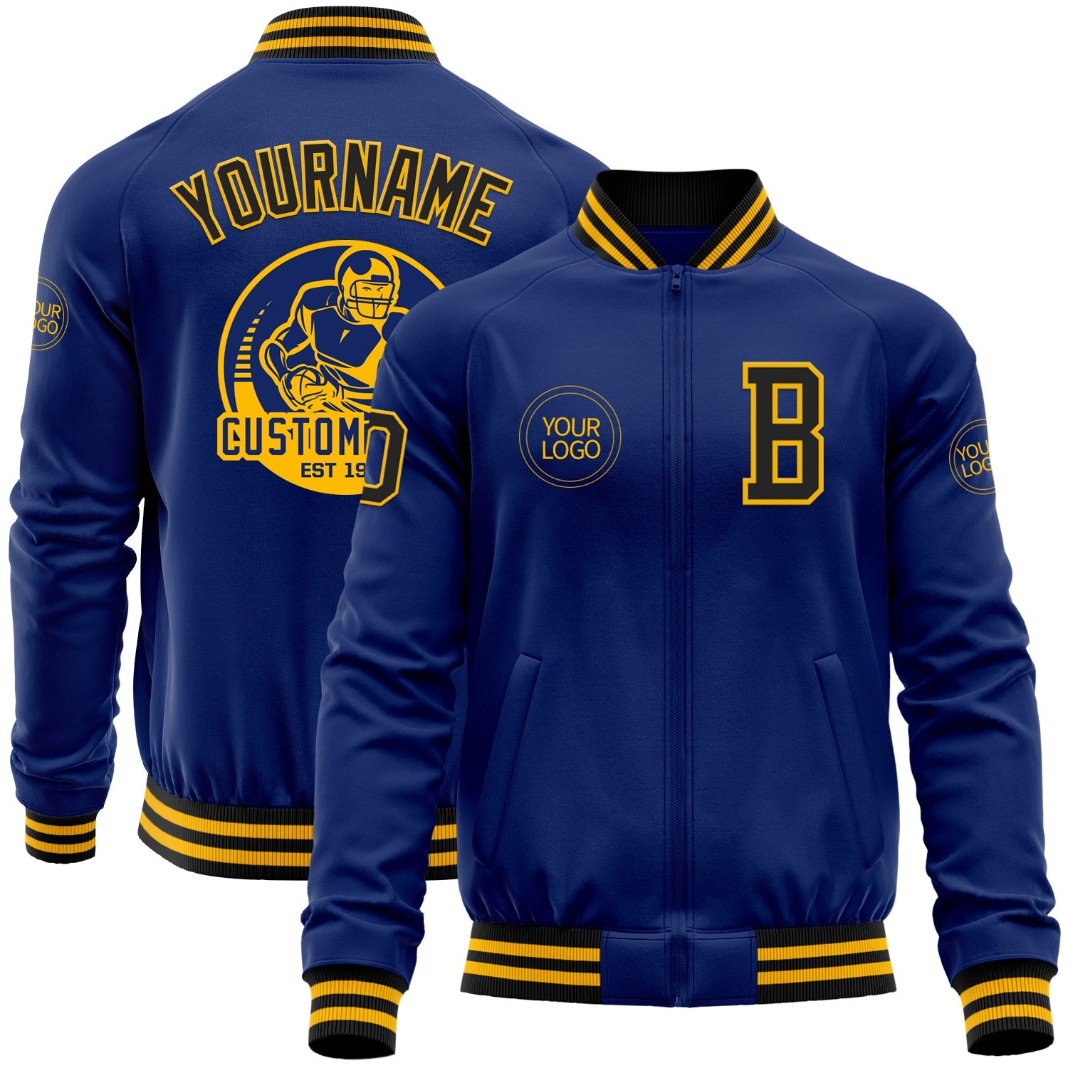 Custom Royal Black-Gold Bomber Varsity Letterman Zipper Jacket - Main View