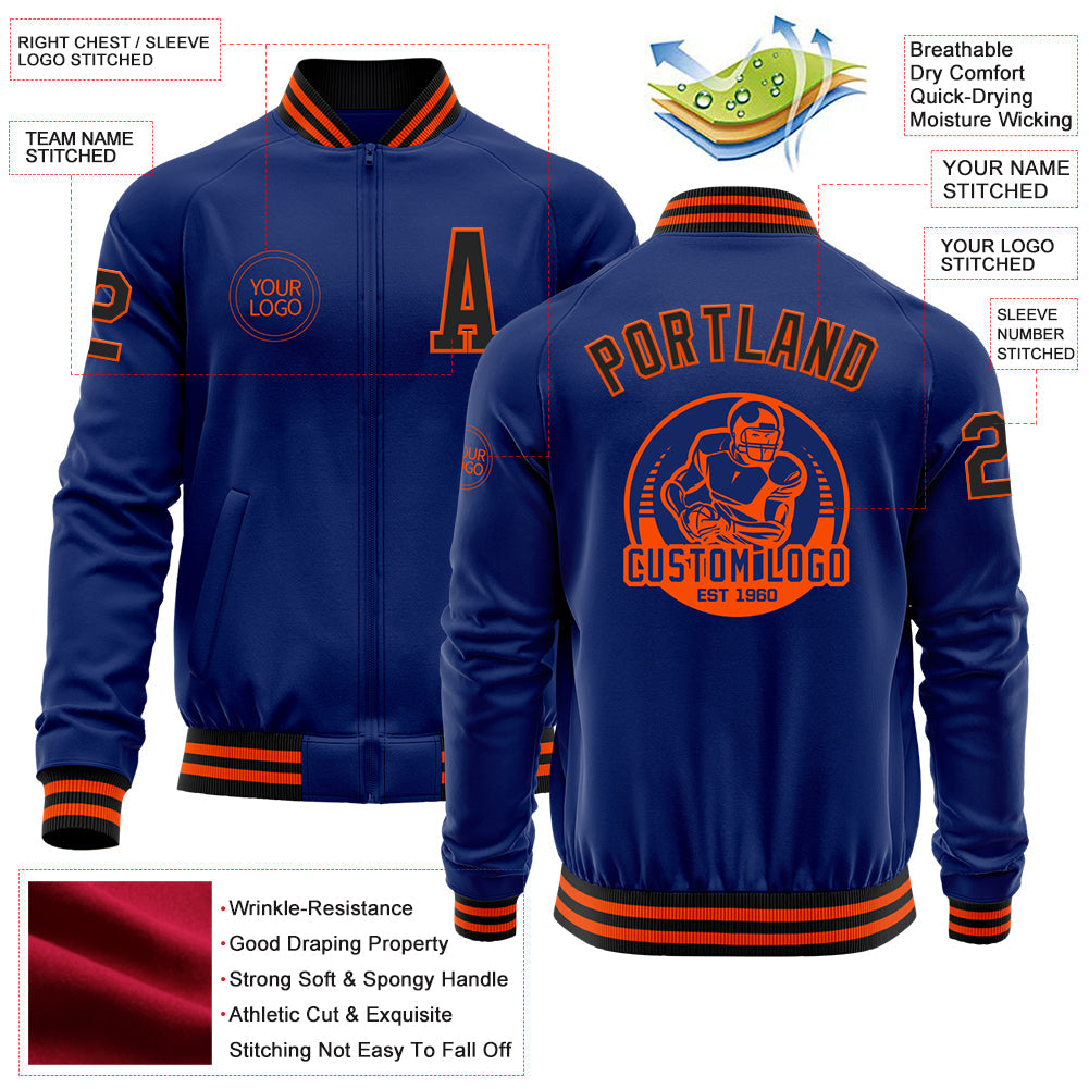 Custom Royal Black-Orange Bomber Varsity Letterman Zipper Jacket view 4