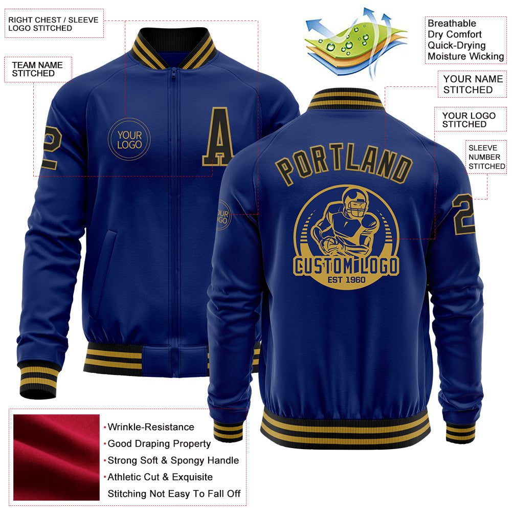 Custom Royal Black-Old Gold Bomber Varsity Letterman Zipper Jacket view 4