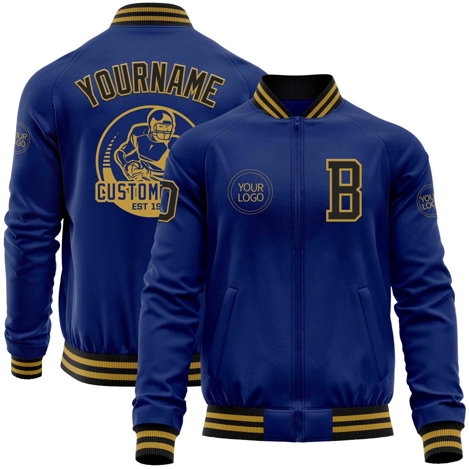 Custom Royal Black-Old Gold Bomber Varsity Letterman Zipper Jacket - Main View