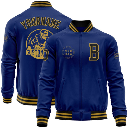 Custom Royal Black-Old Gold Bomber Varsity Letterman Zipper Jacket - Main View