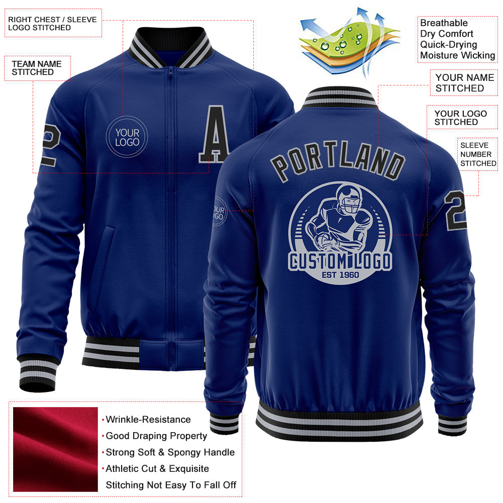 Custom Royal Black-Gray Bomber Varsity Letterman Zipper Jacket view 4