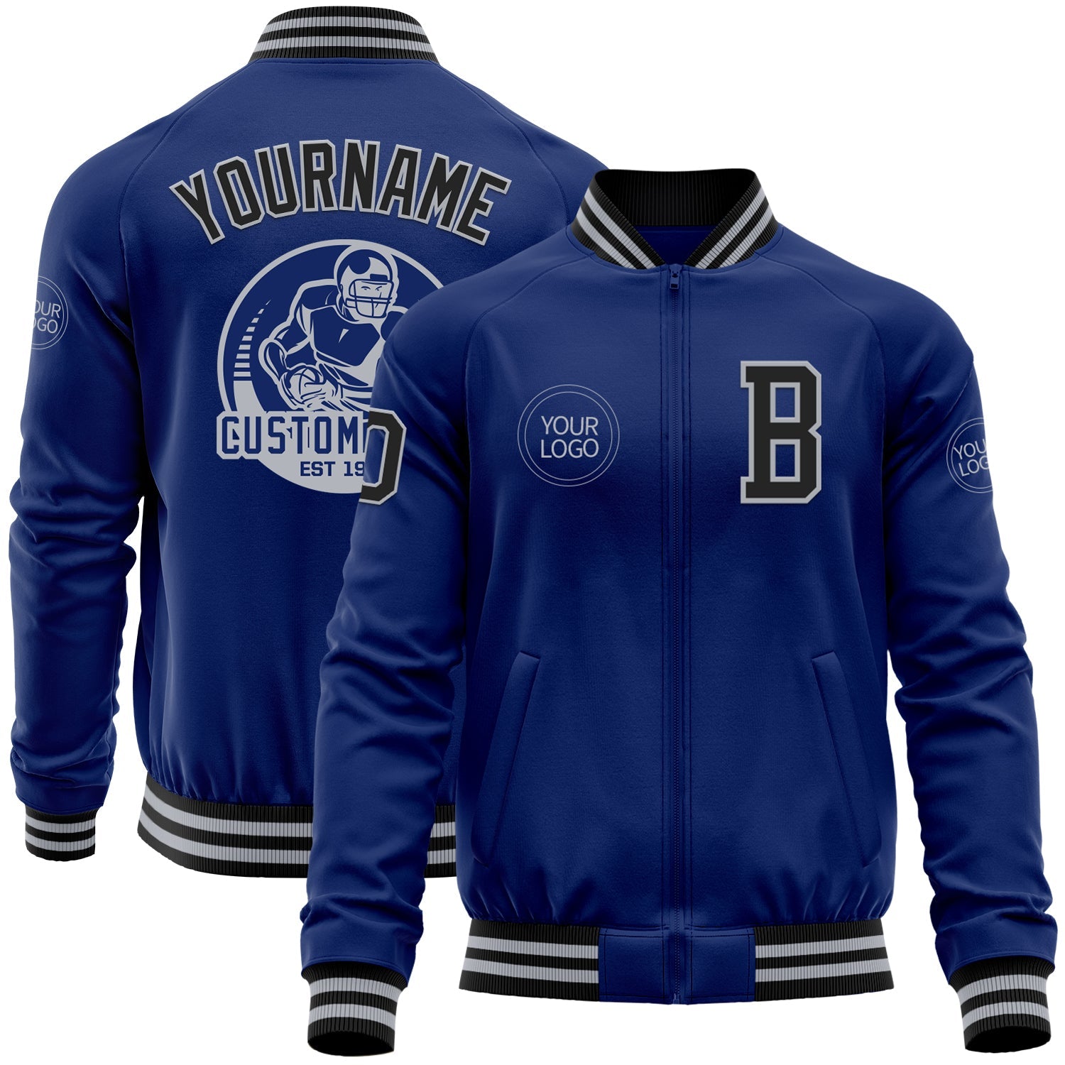 Custom Royal Black-Gray Bomber Varsity Letterman Zipper Jacket - Main View