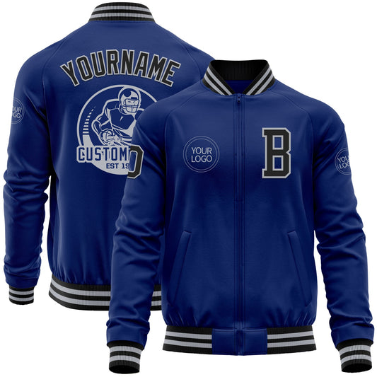 Custom Royal Black-Gray Bomber Varsity Letterman Zipper Jacket - Main View