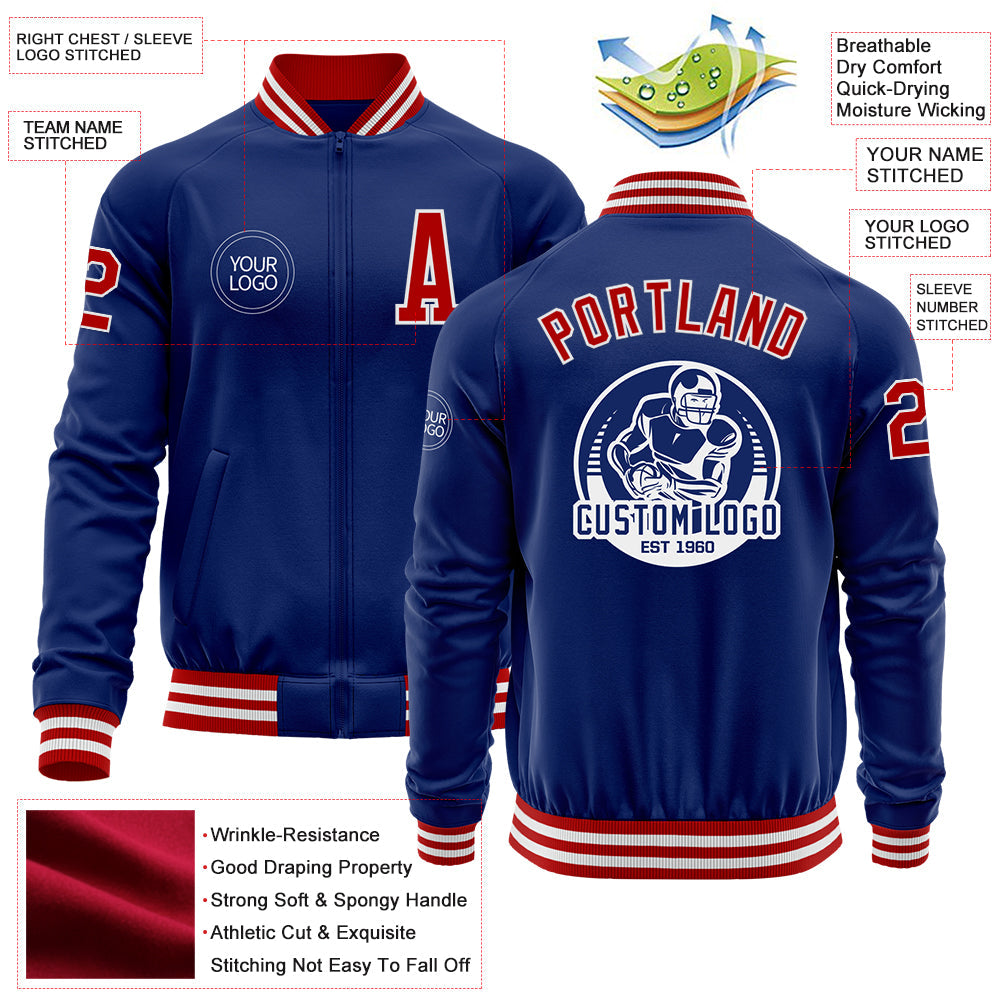 Custom Royal Red-White Bomber Varsity Letterman Zipper Jacket view 4