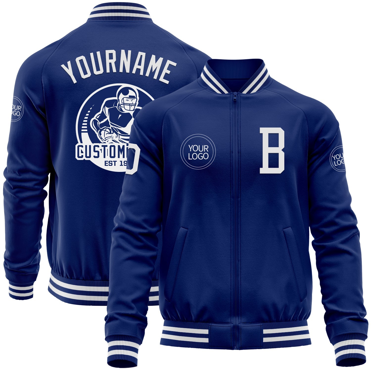 Custom Royal White Bomber Varsity Letterman Zipper Jacket - Main View