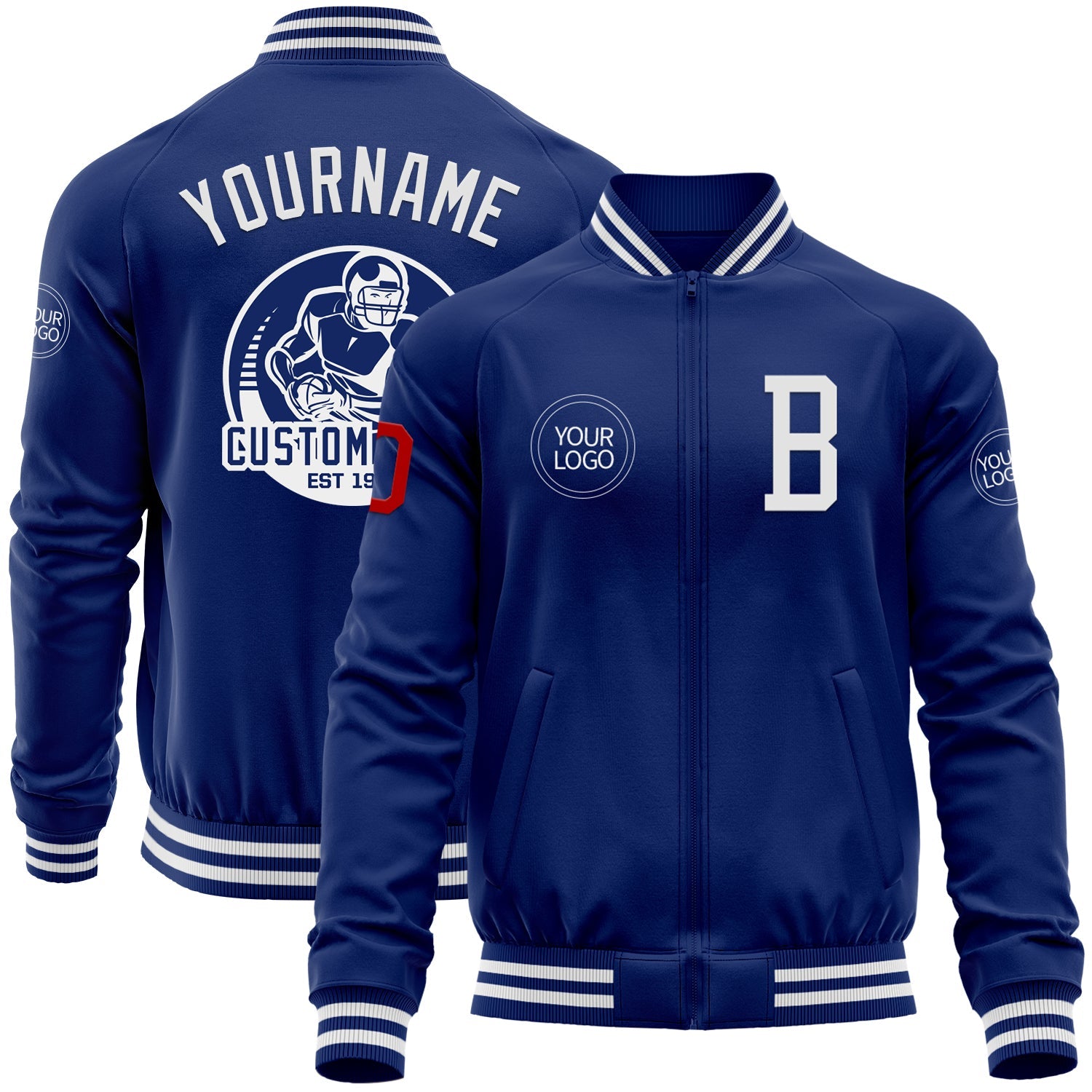 Custom Royal White-Red Bomber Varsity Letterman Zipper Jacket - Main View