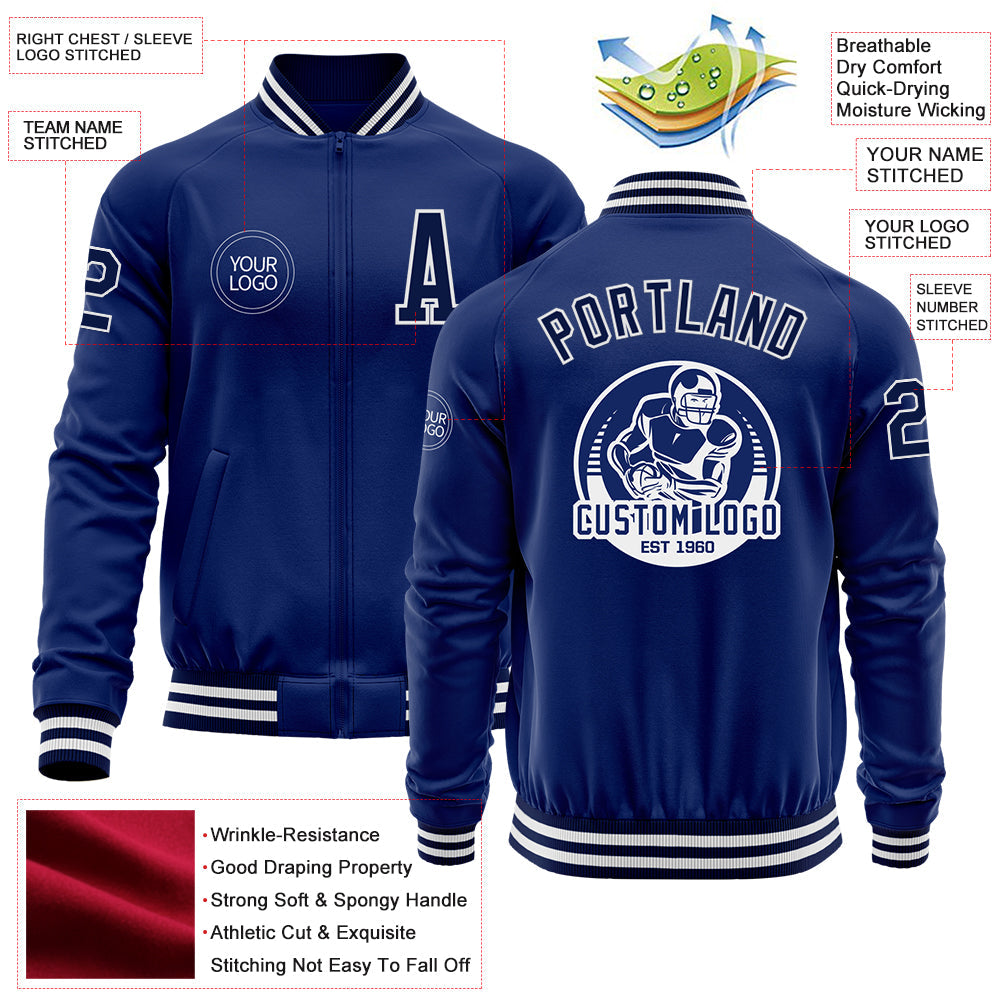 Custom Royal Navy-White Bomber Varsity Letterman Zipper Jacket view 4