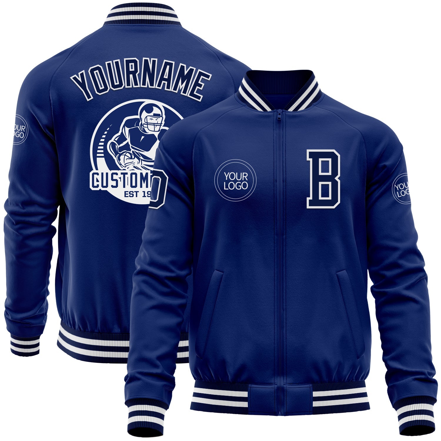 Custom Royal Navy-White Bomber Varsity Letterman Zipper Jacket - Main View