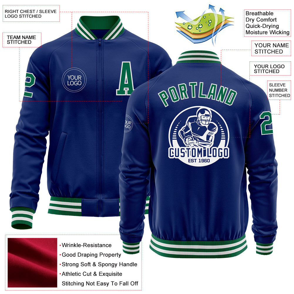 Custom Royal Kelly Green-White Bomber Varsity Letterman Zipper Jacket view 4